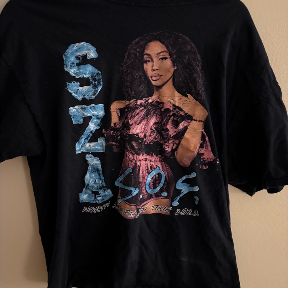 Fruit of the Loom Black Graphic Tee with Blue and Pink Design